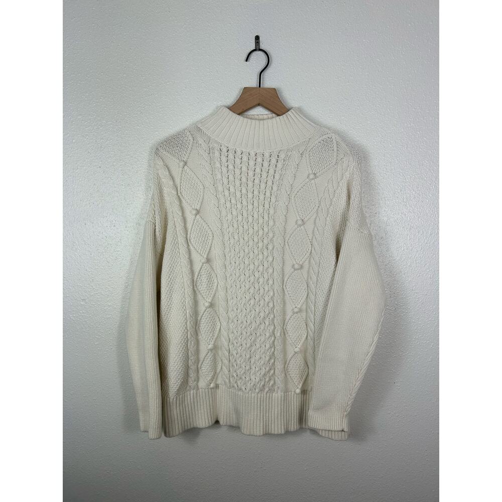 J. Crew Mock Neck Pom Pom Cable Knit Sweater White Medium Preppy Old Money - Picture 3 of 8